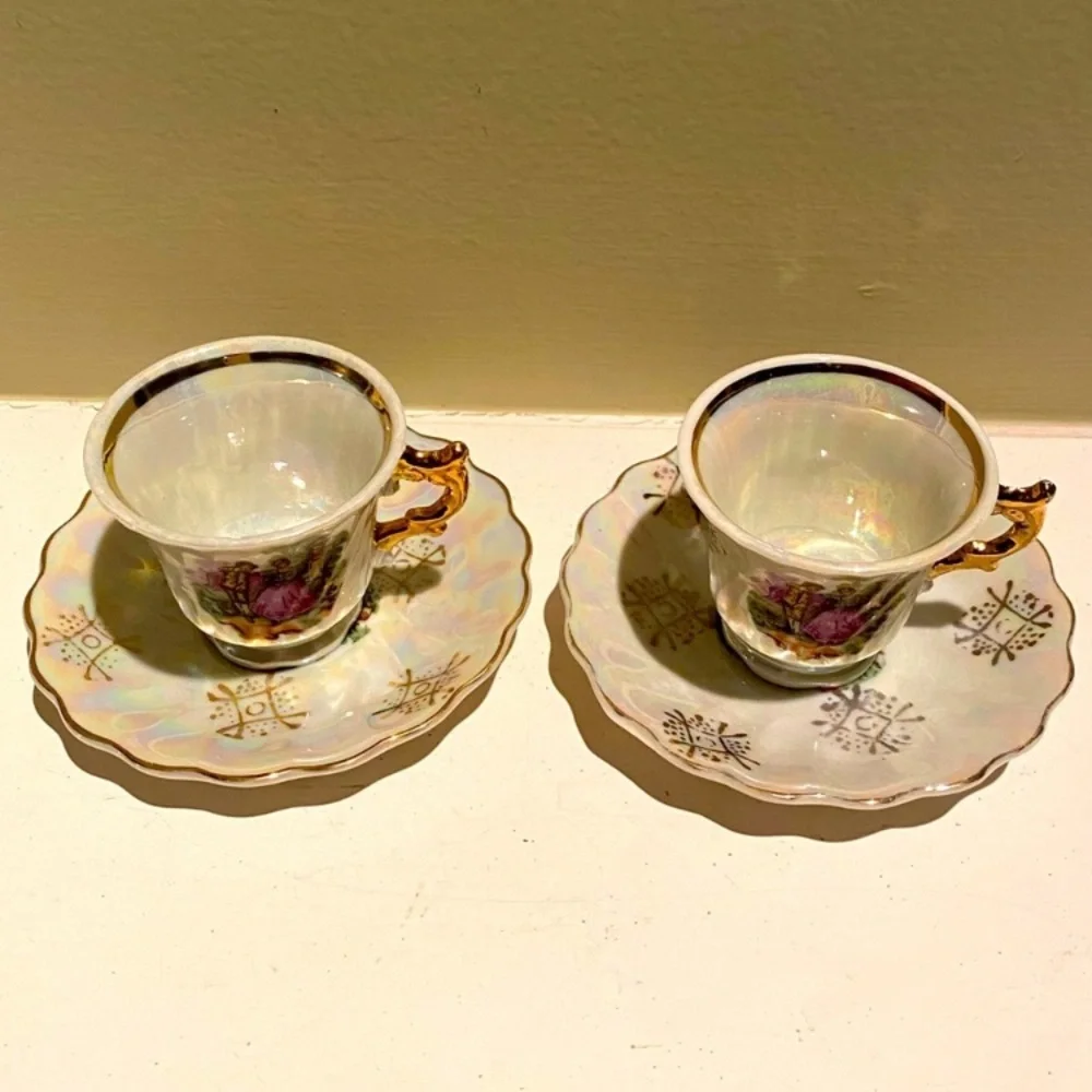 Victorian Lovers Teacups Courting Couple 1900s Japan 24K Gold Pearl Demitasse